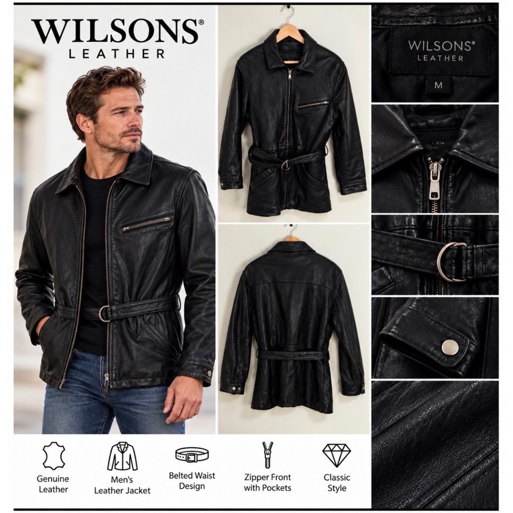 Wilsons Leather Thinsulate Belted Jacket Mens Medium Black Zip Up Coat